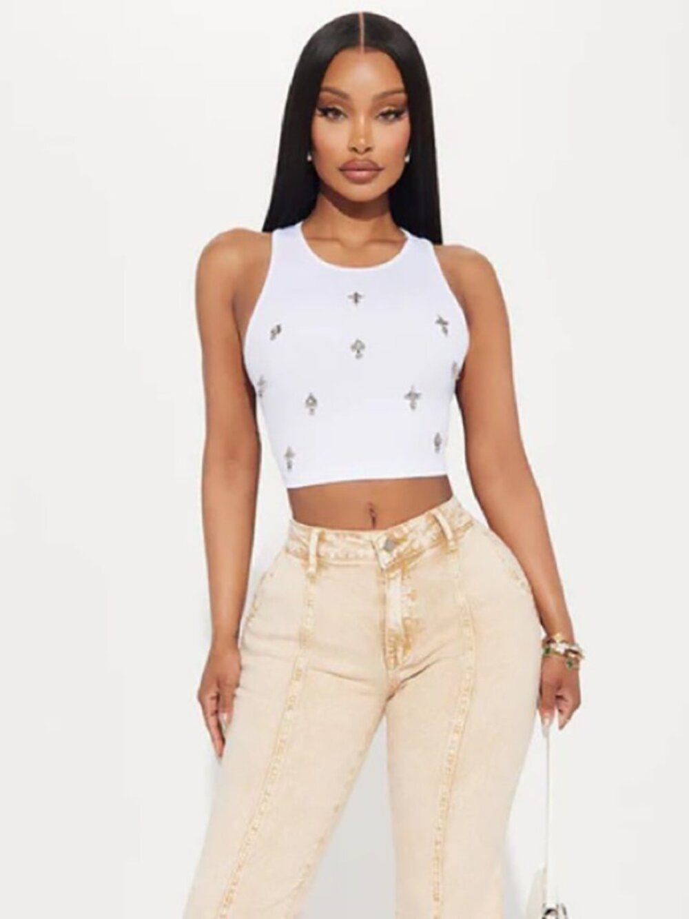 Fashion Nova Cross Charm Tank Top - White Ribbed Shirt with Silver Charms - Picture 3 of 6